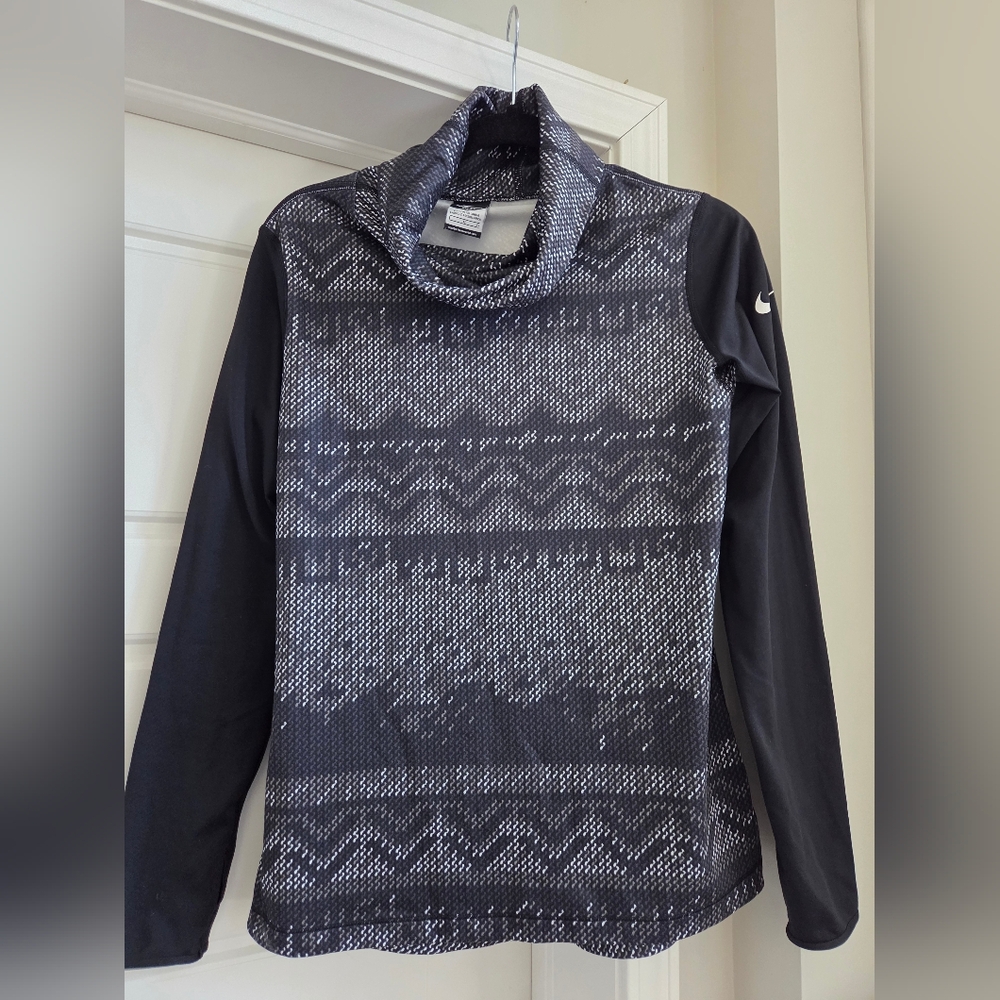Nike Women's Cowl Neck Dri-fit Long Sleeve in Black and Gray Fair-Isle Print